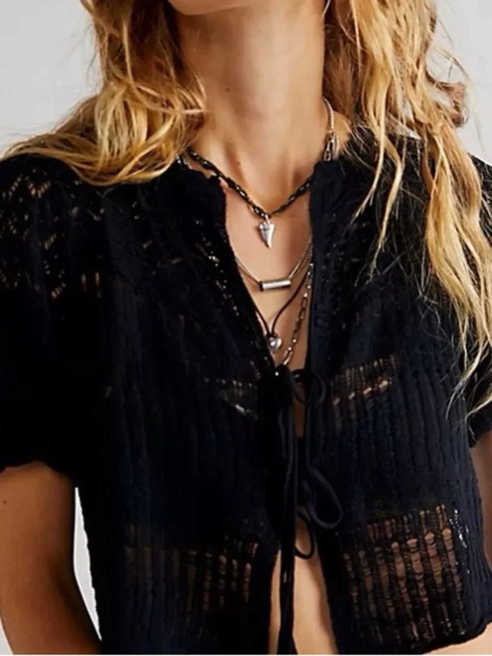 Free People Lucie Crochet Crop Cardigan Sweater Size XS Black Cottagecore Boho - Picture 2 of 10